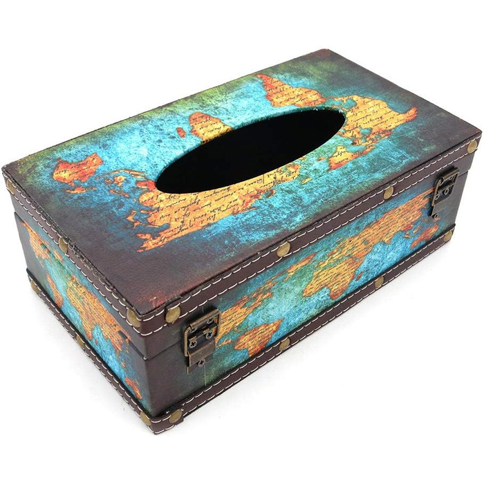 POFET Vintage Chic Shabby Wood Tissue Box Holder Rectangular Handcraft Tissue Paper Box Cover Serviette Organizer Holder Home Storage Office Car Decoration with Metal Lock - Card