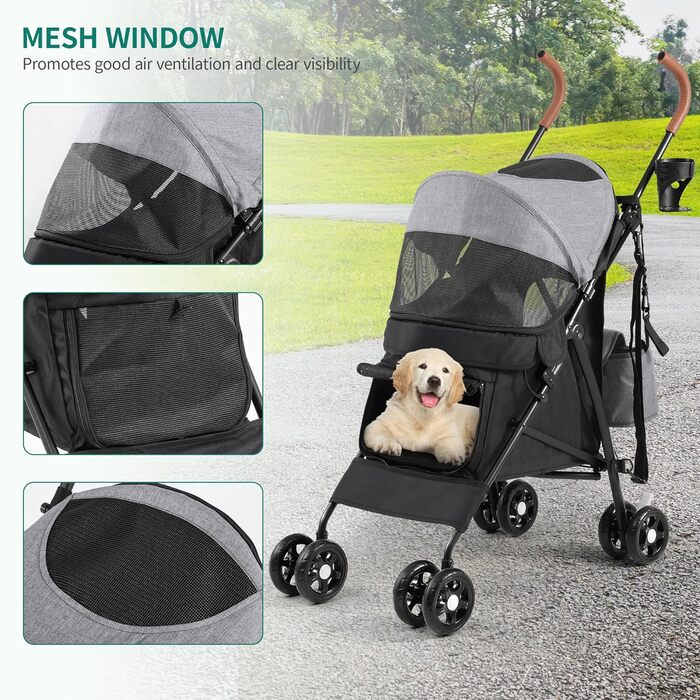Візок для собак YITAHOME - переноска для тварин до 11,3 кг, з сіткою, тримачем для напоїв та кошиком, для собак та котів (сірий/чорний)