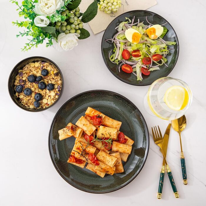 Набір посуду LeRatio для 8 осіб: 24-частинний комплект з кераміки з реактивною глазур'ю (смарагдовий, 24 частини)