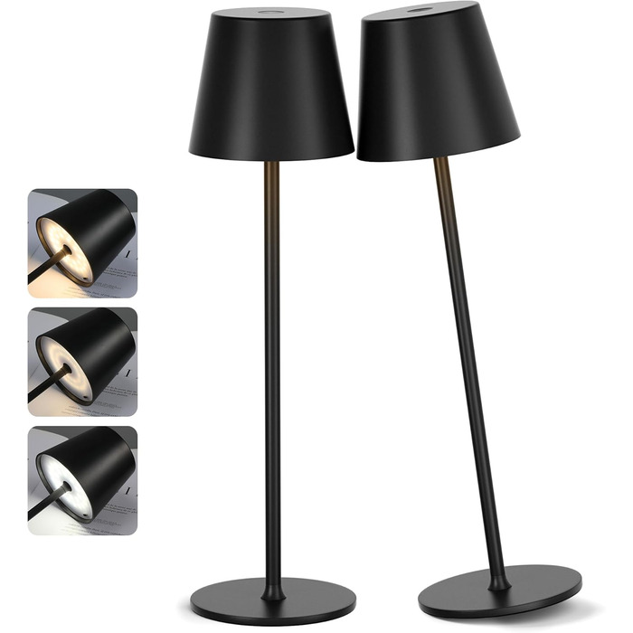 Набір з 2 бездротових настільних світильників LED з акумулятором, сенсорне регулювання яскравості, 3 режими кольору, USB-C зарядка для спальні, столу, кемпінгу (Чорний)