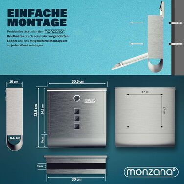 Поштовий ящик Monzana Kreuzschloss з мідним циліндром, поворотна кришка, 31x10x34 см, вікно, табличка для імені, відділ для газет, сталь, 2 ключі, чорно-срібний