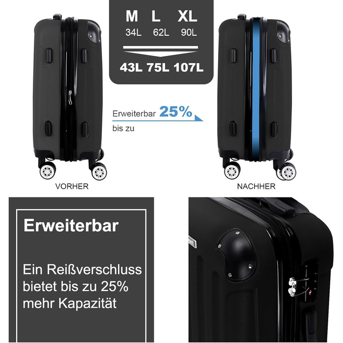 Набір валіз 3er - міцні ABS-валізи з TSA-замком, розширюваний об'єм - M, L, XL, захист кутів, 360° колеса, телескопічна ручка, підходить для ручної поклажі & стійкий до ушкоджень (Чорний)