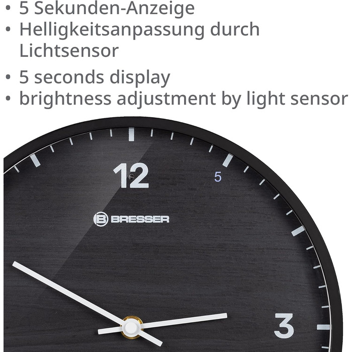 Bresser MyTime Radio-Controlled Wall Clock without Ticking Sounds, 24 cm Dial, LED Second Display, Indoor Temperature, and Silent Radio Clock Movement (Black)