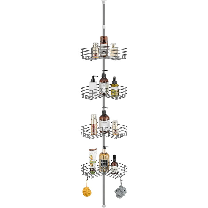 FIISAYL Shower Shelf No Drilling Telescopic Shower Rack Metal Corner Shelf Bathroom Shelf with 4 Shower Baskets, Height Adjustable 85-325cm, Suitable for Bathtub, Bathroom and Kitchen, Grey
