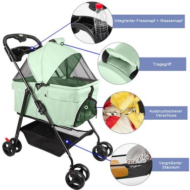 Візок для собак та котів OHMG, складний, до 20 кг, з гальмами, великий кошик, 3 вікна, тримач для напоїв, зелений (50 x 65 x 99 см)
