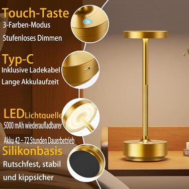 Настільна лампа бездротова LED Golden IP54 для вулиці та дому, акумуляторна 5000mAh, диммується, сенсорна, 3 кольори світла