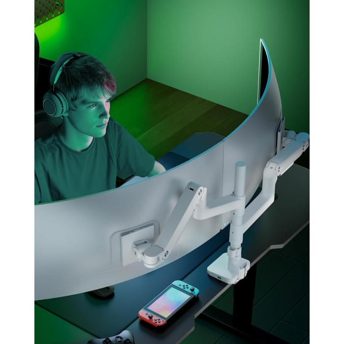 Кронштейн для двох моніторів ARES WING (17-49 дюймів) з USB, вертикальна установка один над одним, регулювання висоти, VESA 75/100, до 20 кг на плече, білий