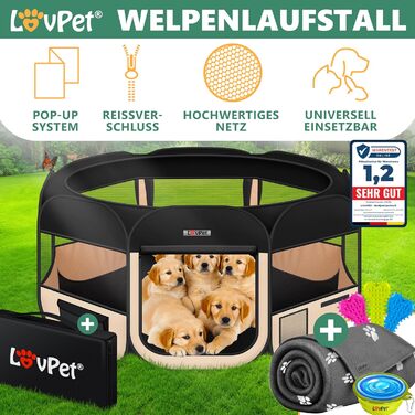 LOVPET® Foldable Pet Playpen with Food Bowl & Fleece Blanket - Indoor/Outdoor Dog & Cat Pen, Pop-Up Crate, Oxford Fabric, Grey/Black