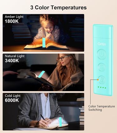 LED лампа для читання Gritin з USB-C, кріплення-прищіпка, регулювання яскравості, 3 режими кольору, для книголюбів, білий (блакитний)