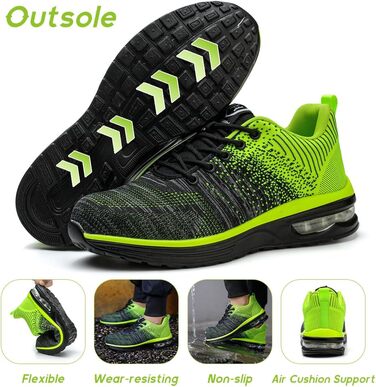 Легкі робочі черевики для чоловіків та жінок. Безпечні, неслизькі, спортивного стилю, зі сталевим підноском. Дихаючі, робочі черевики (42 EU, Зелений)