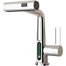 Кран кухонний з витяжною лійкою, 3 режими, LED-індикатор температури, однорідний змішувач, поворот на 360°, кран для мийки, кран кухонний, високий тиск, регульована висота (хром)