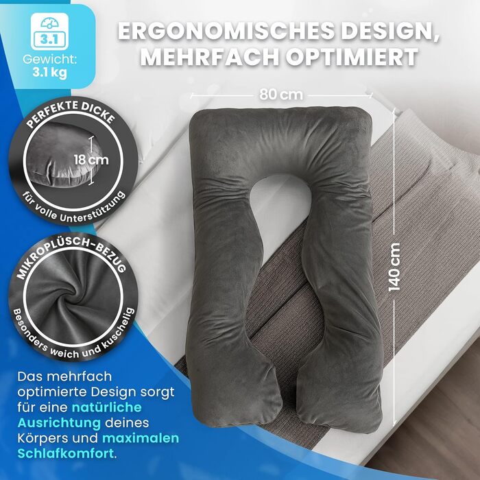 Подушка PillowDaddy для сну та терапії: для бічного сну, при болях в спині, стегнах та сідничному нерві | U-подібна подушка для вагітних та годування XXL