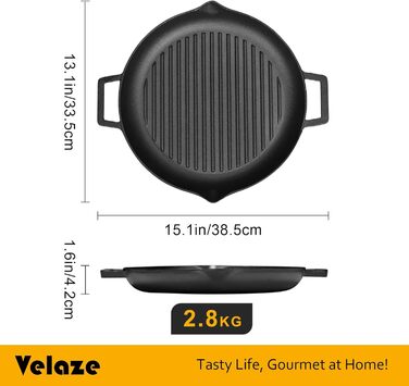 Чавунна гриль-сковорода Velaze 38,5x31 см з рифленим дном, для стейків, з двома ручками, для газового та вугільного гриля, BBQ, кемпінгу і саду, чорна Ø32 см