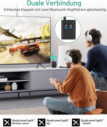 Bluetooth адаптер ORIA 2-в-1 (Трансмітер та Ресивер) 5.2 з AptX Adaptive, аудіоадаптер 3.5 мм для двох навушників, стереосистем та літаків, чорний