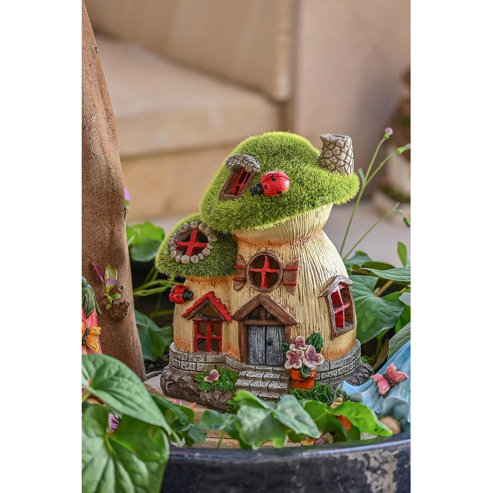 TERESA'S COLLECTIONS Outdoor Garden Decor, Garden Decoration, Fairy House Garden Decor, fairy garden, Mushroom, made of resin, with solar lamp, Green, Balcony, Autumn decor, Autumn Decoration, 16cm