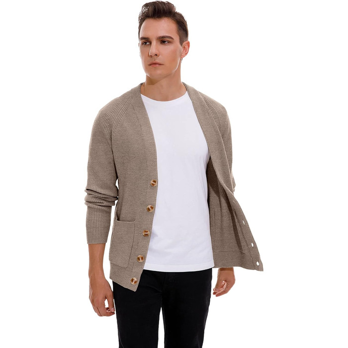 Чоловічий в'язаний кардиган Sailwind з V-подібним вирізом, зимова куртка, класичний дизайн, довгий рукав, з ґудзиками та кишенями (Пустельний хакі, L)