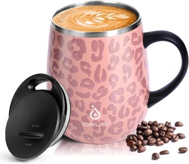 Термокружка Ideus 470 мл з нержавіючої сталі, подвійні стінки, ізоляція, з кришкою-ковпачком, протиковзкий наклад, зелений/рожевий (Leopard Rosa)