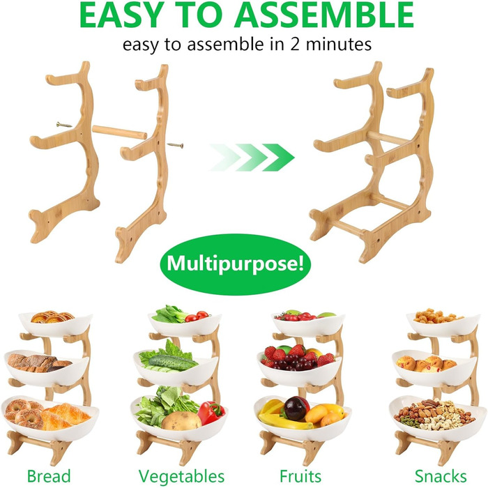 Керамічна етажерка для фруктів Dreamhigh® з 3 ярусами, економна та стійка, сучасна фруктова та овочева миска з бамбуковою підставкою