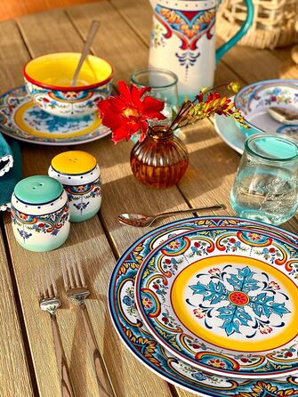 Набір посуду Euro Ceramica Zanzibar Collection, 16 предметів, для кухні та їдальні, на 4 особи, з іспанським квітковим візерунком, блакитно-жовтий посудовий набір