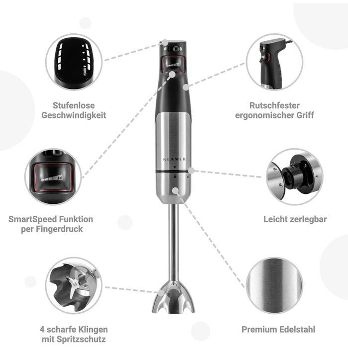 KLAMER Stabmixer 800W: 4-в-1 Пюрірувач зі сталі з регулюванням швидкості та турбо-функцією (Преміум-набір)
