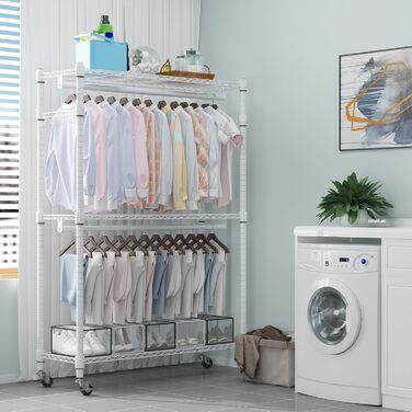 Double Clothes Rack/Garment Rod with Adjustable Shelves, Heavy-Duty Clothes Rack with 2 Hooks, Clothes Rack with Wheels, 90 * 42 * 205cm, White