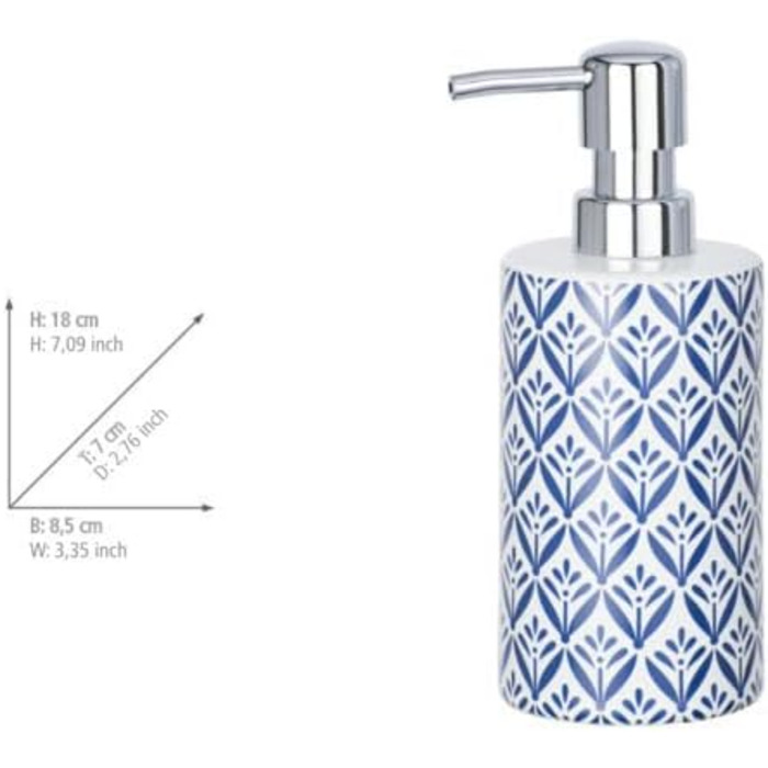 Дозатор для мила WENKO Lorca з кераміки, 0.36 л, блакитний, 18 x 7 x 8.5 см