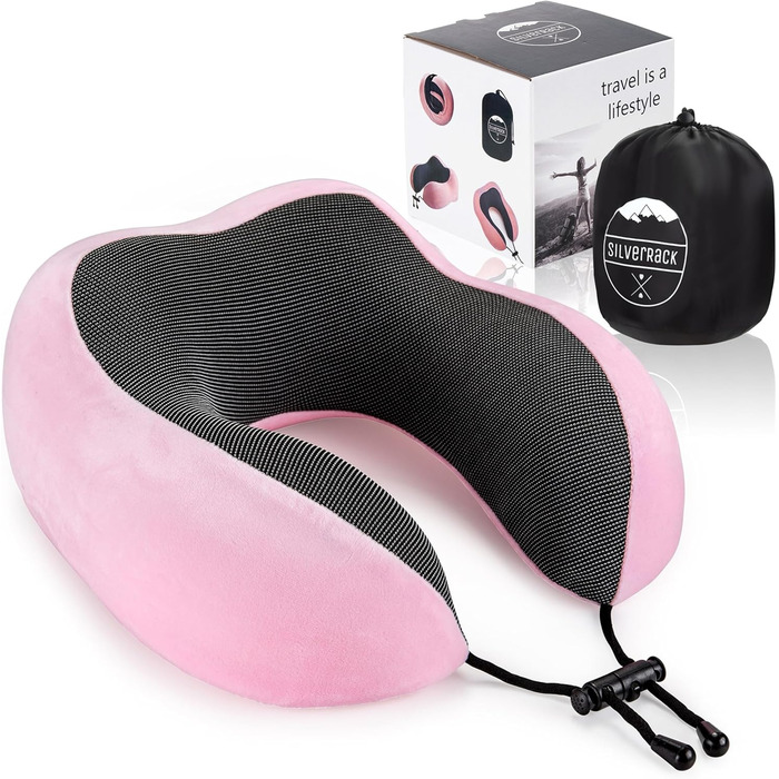 Подушка для шиї у літак [рожева] для дорослих - подушка для авто - подушка для подорожей з Memory Foam - пральна (м'яка та дихаюча) - подушка у літак для комфортних подорожей Рожева Memory Foam