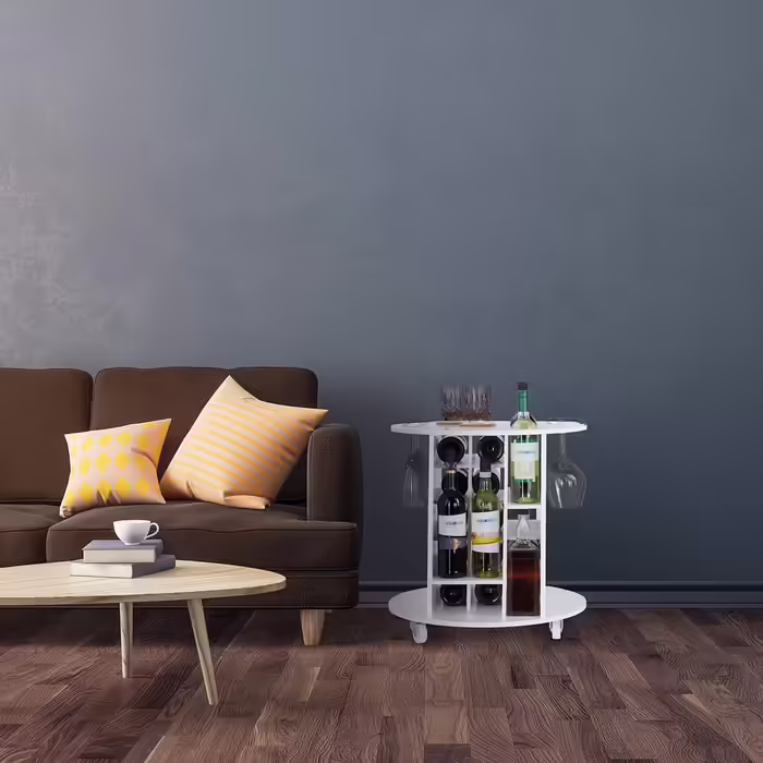 Relaxdays, white wine rack on 360° swivel casters, 6 glass holders, wine storage for 17 bottles, round, HxD: 56x54cm