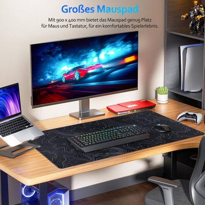 Ігровий килимок для миші Zindoo Gaming XXL 900x400 мм, топографічний візерунок Artistic Curve, чорний