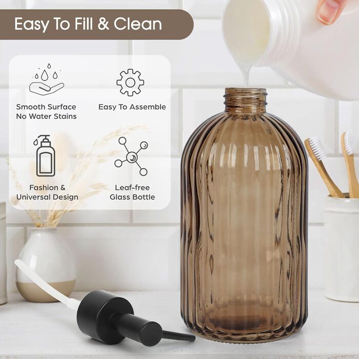 Скляні дозатори для мила Topsky (2 шт.), 400 мл, з нержавіючою помпою, для кухні та ванної кімнати, підходить для лосьйонів, ефірних олій та рідкого мила, колір - бурштиновий