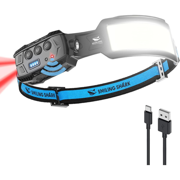 Smiling Shark Headlamp, Headlamp 7*White Light 270° Wide Illumination With Motion Sensor Super Bright Red Rear Light For Camping Fishing Repairing, Headlamp-Headlamp-LED-Rechargeable