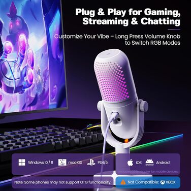 USB Мікрофон для ПК, Gaming RGB Mikrofon PS4/PS5 - для стрімінгу, YouTube, подкастів (білий)