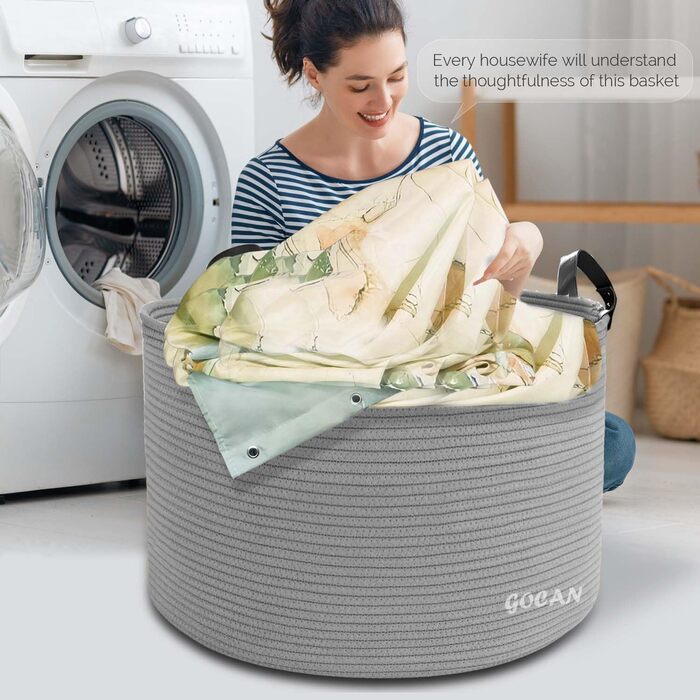 Великий кошик для зберігання GOCAN XXXL, бавовняний мотузяний кошик для білизни, іграшок, одягу, ковдр, подушок, для вітальні та дитячої кімнати, сірий, 55×35 см
