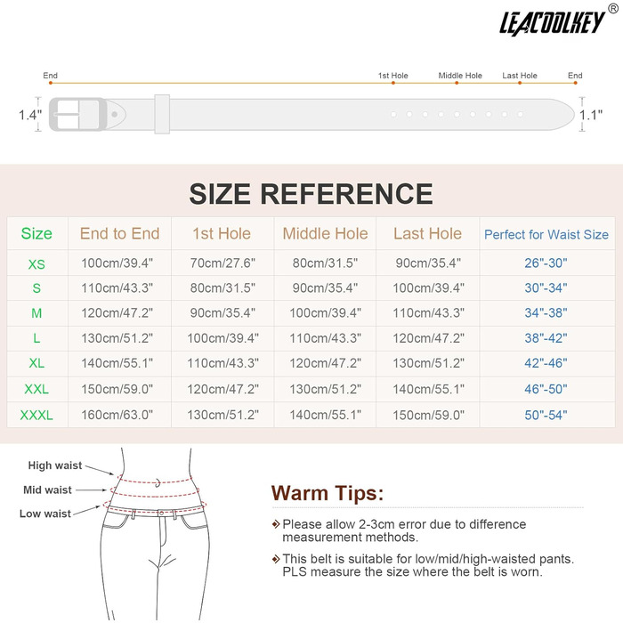 Жіночі шкіряні ремені LEACOOLKEY з пряжкою, 2 шт. - для джинсів та штанів, розміри XXL (117-127 см) та XL (107-117 см)