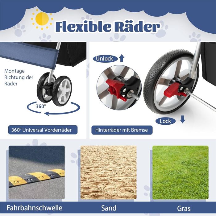 Візок для собак SOARS, до 15 кг, складний, з сітковими віконцями, тримачем для напоїв та кошиком для зберігання, візок для домашніх тварин для маленьких тварин (Темно-синій)