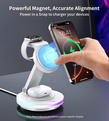 Зарядний пристрій MagSafe 3-в-1 для Apple Watch та iPhone, складний, поворотний з регулюванням світла, бездротовий зарядний станція MagSafe для iPhone 16/15/14, AirPods (без адаптера)