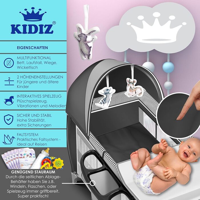 Kidiz® Baby Bed 3 in 1 Travel Bed Combo Set Baby Bed with Changing Pad Mosquito Net Playard Baby from Birth to 15 kg Airy Side Walls with Side Entrance Carry Bag Foldable, Grey