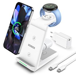 Бездротова зарядка NANAMI 3-в-1 для Google Pixel Watch 3/2, Fitbit Versa 4/3, Pixel 10 Pro/10/9/9a/8/7, Pixel Buds Pro 2 (Класичний Білий)