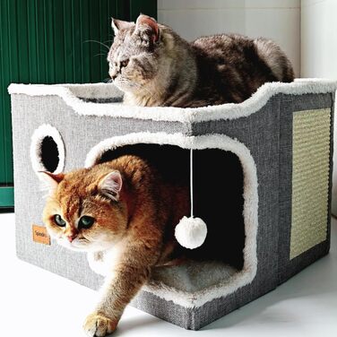 Spindro Cat Cave Cat Bed Large, Cat House Indoor Cat Sleeping Place with Removable Sherpa Cat Cushion and Hanging Toy, Cat Bed, Light Grey 42x42x33cm