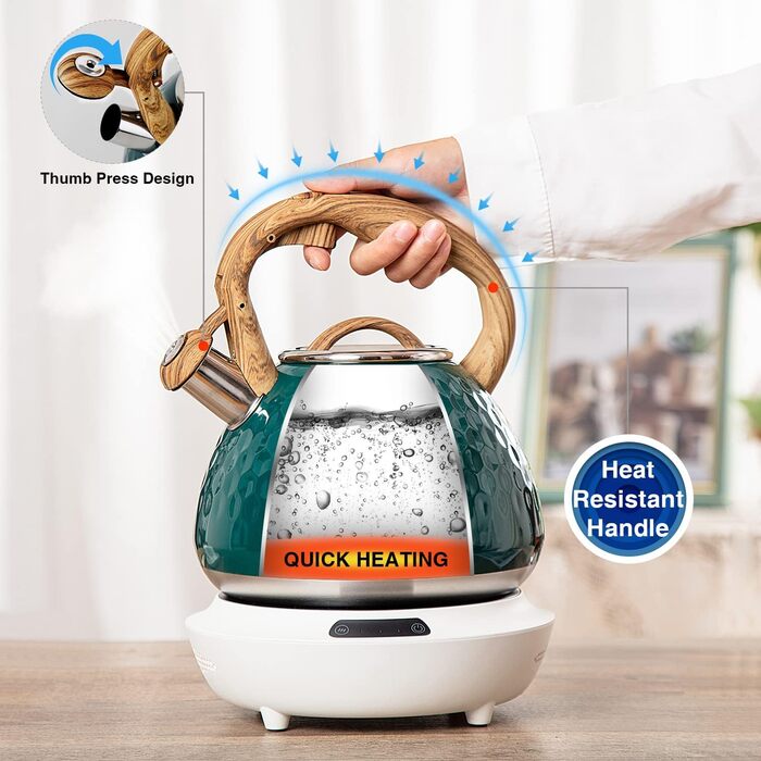 Чайник для заварювання чаю Toptier з дерев'яною ручкою, гучний свисток, нержавіюча сталь, чайник для великої родини, індукційна плита, діамантовий дизайн, 2.7 л (темно-зелений)