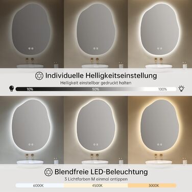 Дзеркало для ванної кімнати з підсвічуванням, арочне, без рами, 50x75 см. Антизапарник, сенсорне управління, регулювання яскравості, 3 кольори світла