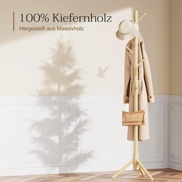 Pipishell Coat Rack, Clothes Rack, Garment Rack, Tree-Shaped Wardrobe, 3-Height Adjustable, for Clothing, Hat and Handbag, Suitable for Living Room, Bedroom or Office, With 8 Hooks, Nature