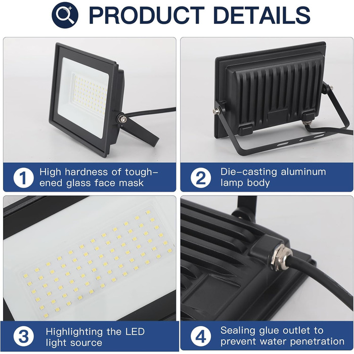 LED Floodlight 50W, Outdoor 5000LM, Spotlight 72 LED IP65 Waterproof, Outdoor Floodlight 6500K Cold White, 230V for Garage, Garden 【2 Pieces Black】 (6500k Cold White, GJ50W [2 Pieces Black])