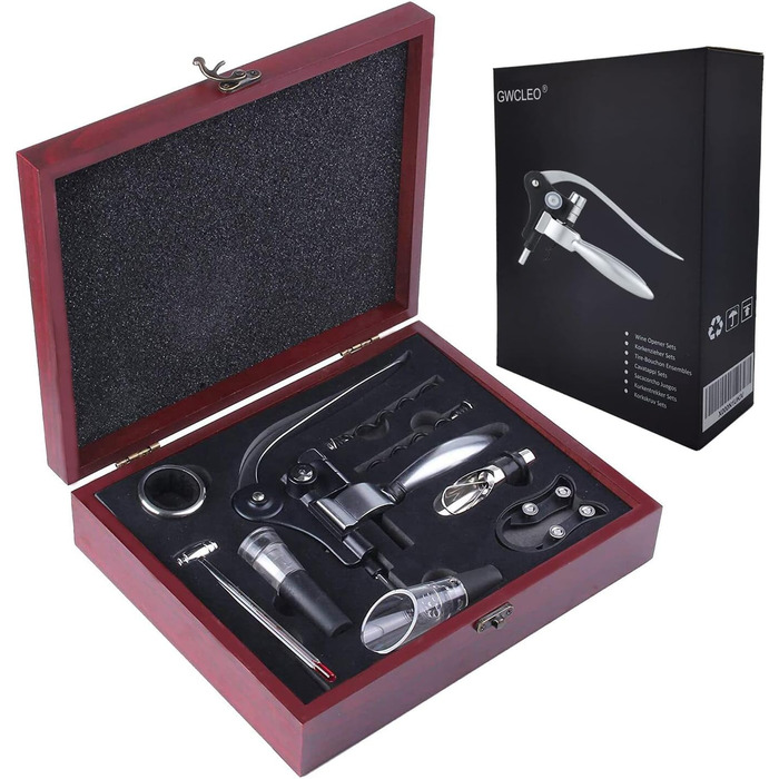 Corkscrew, GWCLEO Luxury Wine Opener with Elegant Gift Box, Sommelier Set with Bottle Opener, Foil Cutter, Wine Aerator, Drip Rings, Wine Stoppers, Wine Pourer, Wine Thermometer, Wine Vacuum Pump