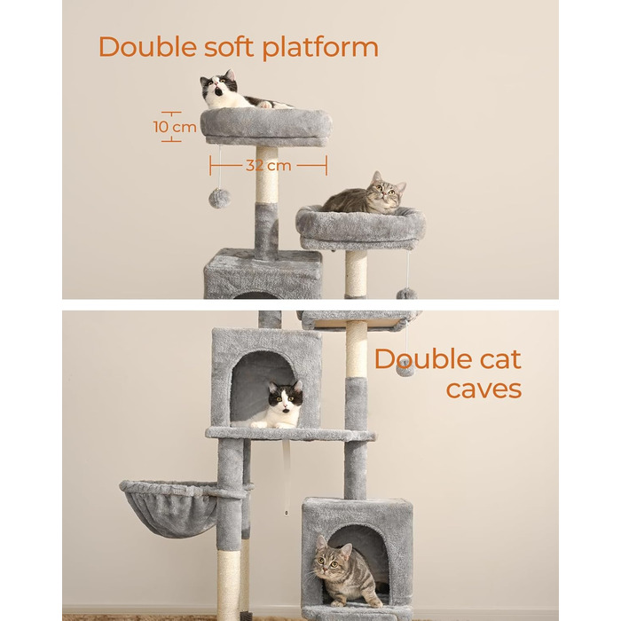 Кігтеточка для котів FourFurPets 156 см з драбиною з сизалю, 2 платформи, 2 печери, гамак, м'ячики (світло-сірий)
