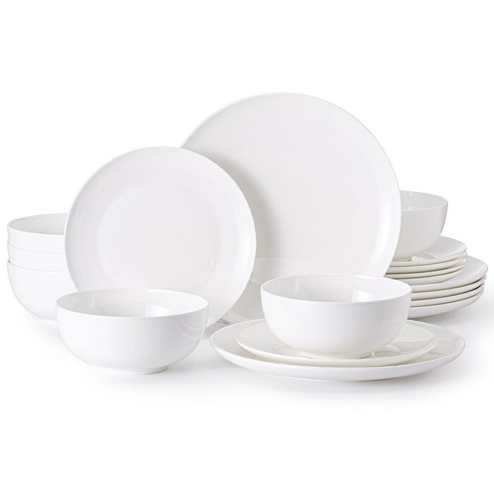 Сервіз HIKAA на 6 осіб, 18 предметів, з кісткового фарфору, набір тарілок, безпечний для мікрохвильової печі та посудомийної машини, для дому, весіль, легкий та довговічний (білий)