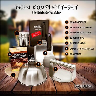 Набір для приготування бургерів DREIBERG® з нержавіючої сталі (7 предметів) для плоскій гриля, газового гриля, тепаньякі. Включає шпатель, папір для бургерів, кришку для плавлення, прес, дозатор спецій та книгу рецептів