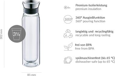 alfi FLOWMOTION 0.75l, double-walled borosilicate glass carafe, automatic pouring, integrated strainer, detachable lid, dishwasher-safe, Thermo glass carafe, for hot and cold beverages