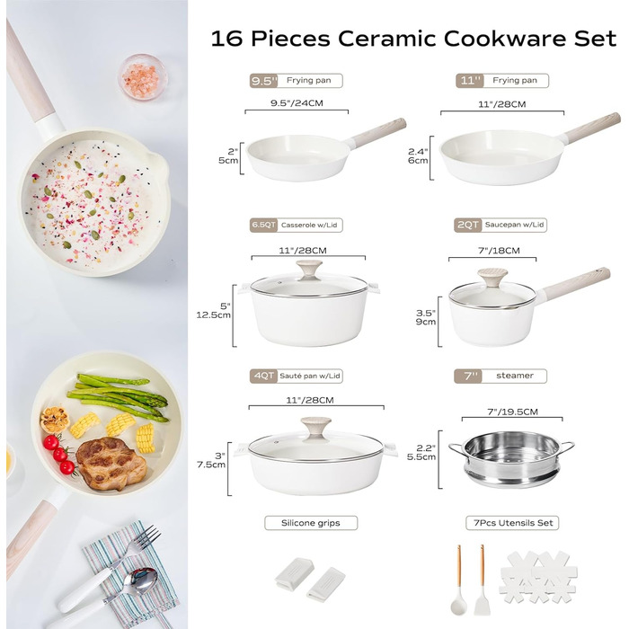 JEETEE Ceramic Cookware Set Non-Stick 16-Piece, Non-Stick Fry Pan 24/28, Sauté Pan with Lid and Steamer, Pot Induction, Non-Stick Cookware Set Beige