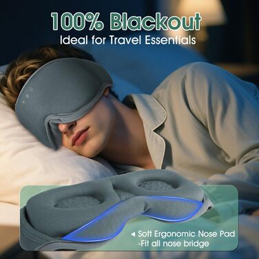 Маска для сну з навушниками Bluetooth Dolida, 3D бамбукова маска для очей, сіра. Бездротові навушники для сну для жінок та чоловіків з мікрофоном